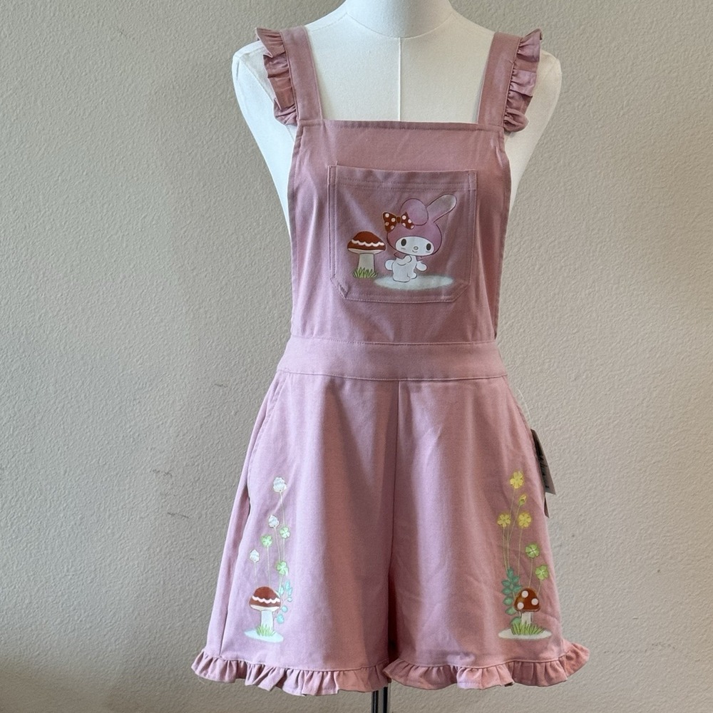Hot Topic My Melody Mushroom Shortalls Pink Ruffle Kawaii Cottagecore M